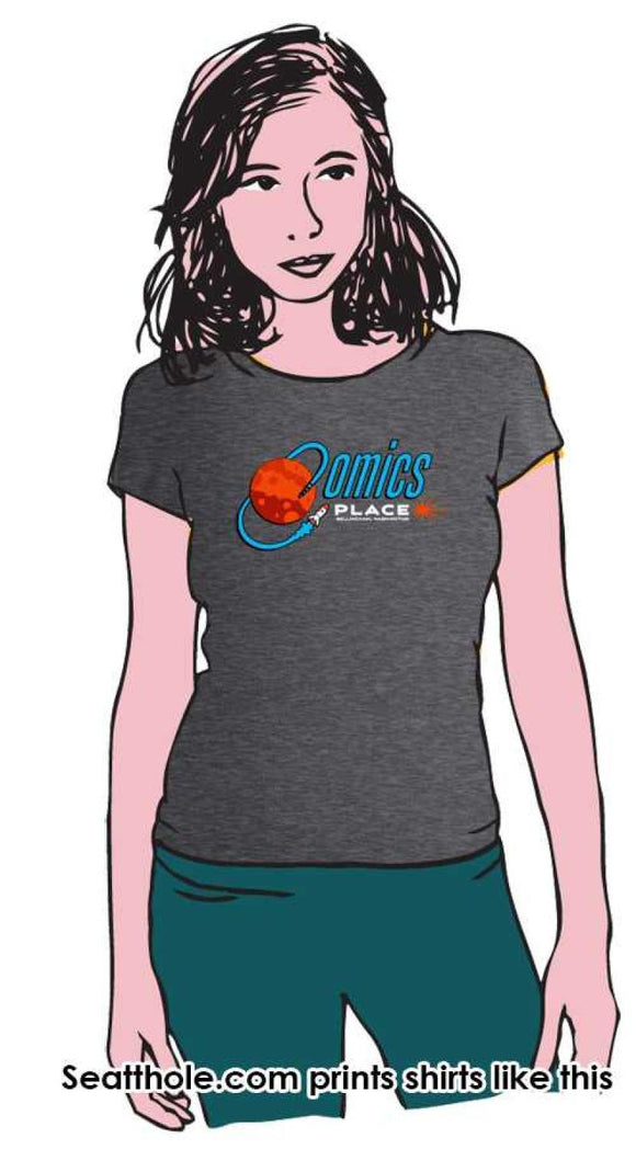 COMICS PLACE LOGO LADIES FITTED TEE SHIRT CHARCOAL HEATHER MED T-SHIRT