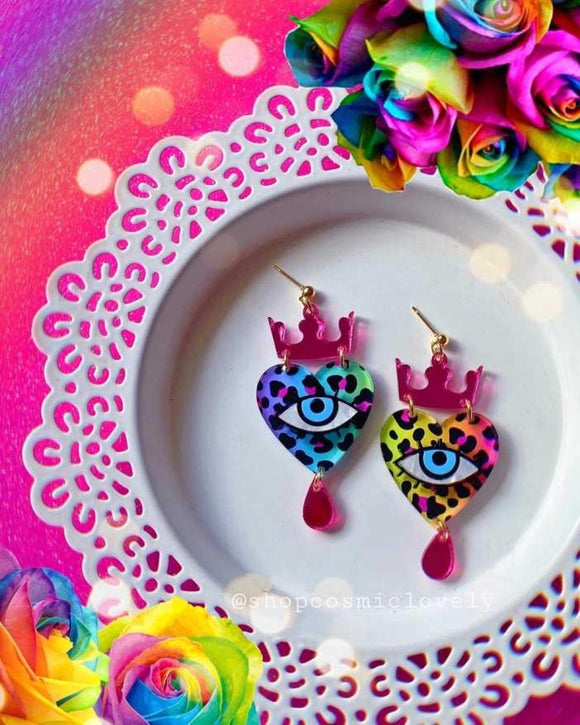 Rainbow Leopard QUEEN Heart and Eye Earrings By Cosmic Lovely