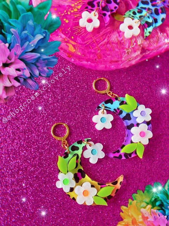 Rainbow Leopard Moon Flower Earrings By Cosmic Lovely