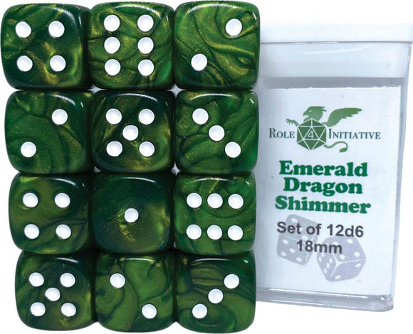 D6 DICE SET EMERALD DRAGON SHIMMER - SET OF 12D6 18MM