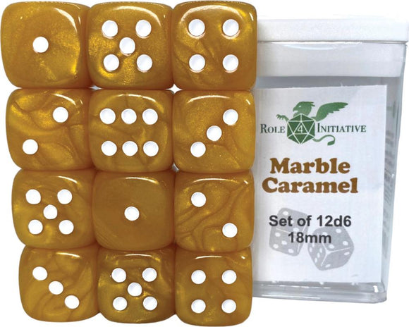 D6 DICE SET MARBLE CARAMEL - SET OF 12D6 18MM