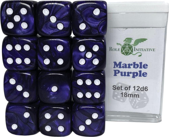 D6 DICE SET MARBLE PURPLE - SET OF 12D6 18MM