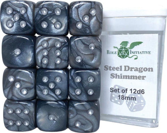 D6 DICE SET STEEL DRAGON SHIMMER - SET OF 12D6 18MM